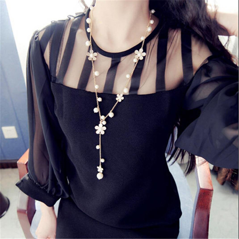 AYYUFE Women Elegant Pearl Flower Sweater Chain Long Pendant Necklace
